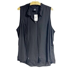 BOBEAU Women 1X Black Sleeveless Sheer Blouse Ruffled Collar V Neck Tassels Boho